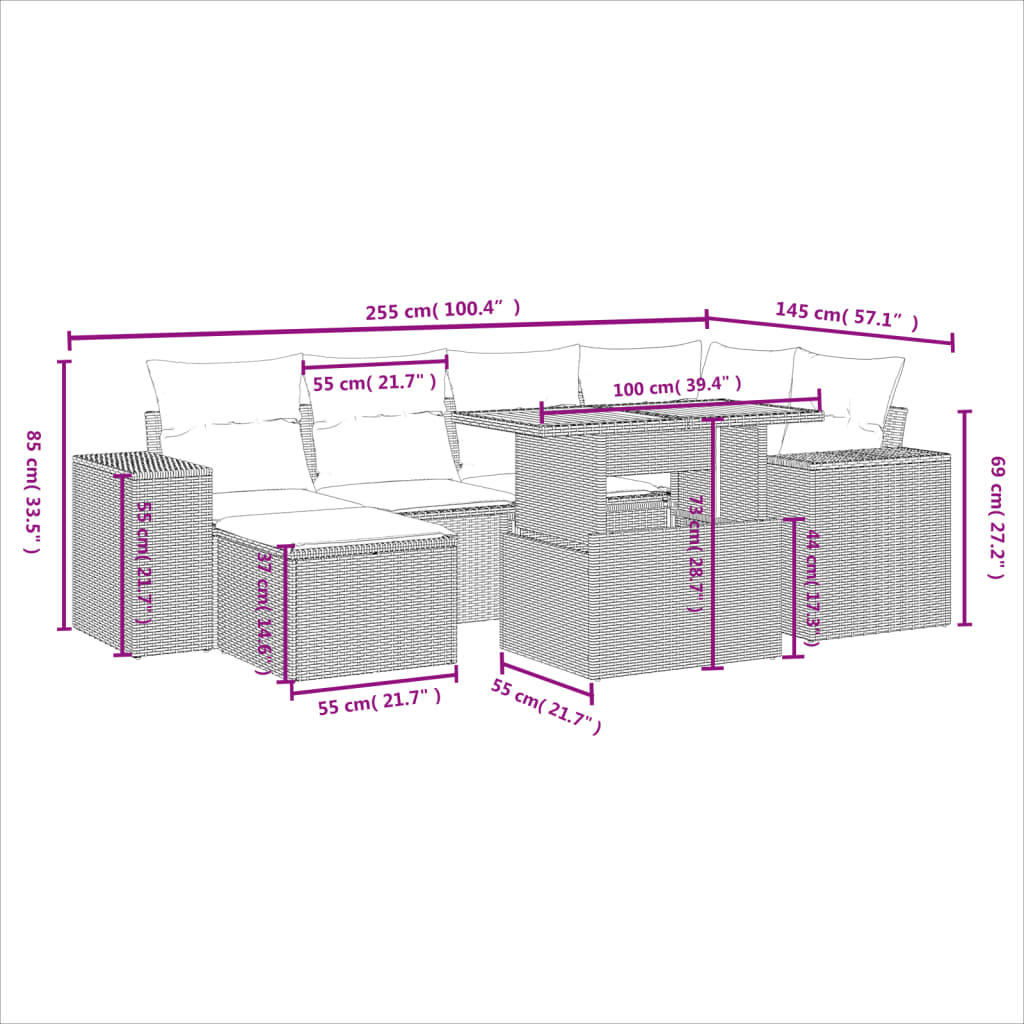 7-delige Loungeset met kussens poly rattan zwart