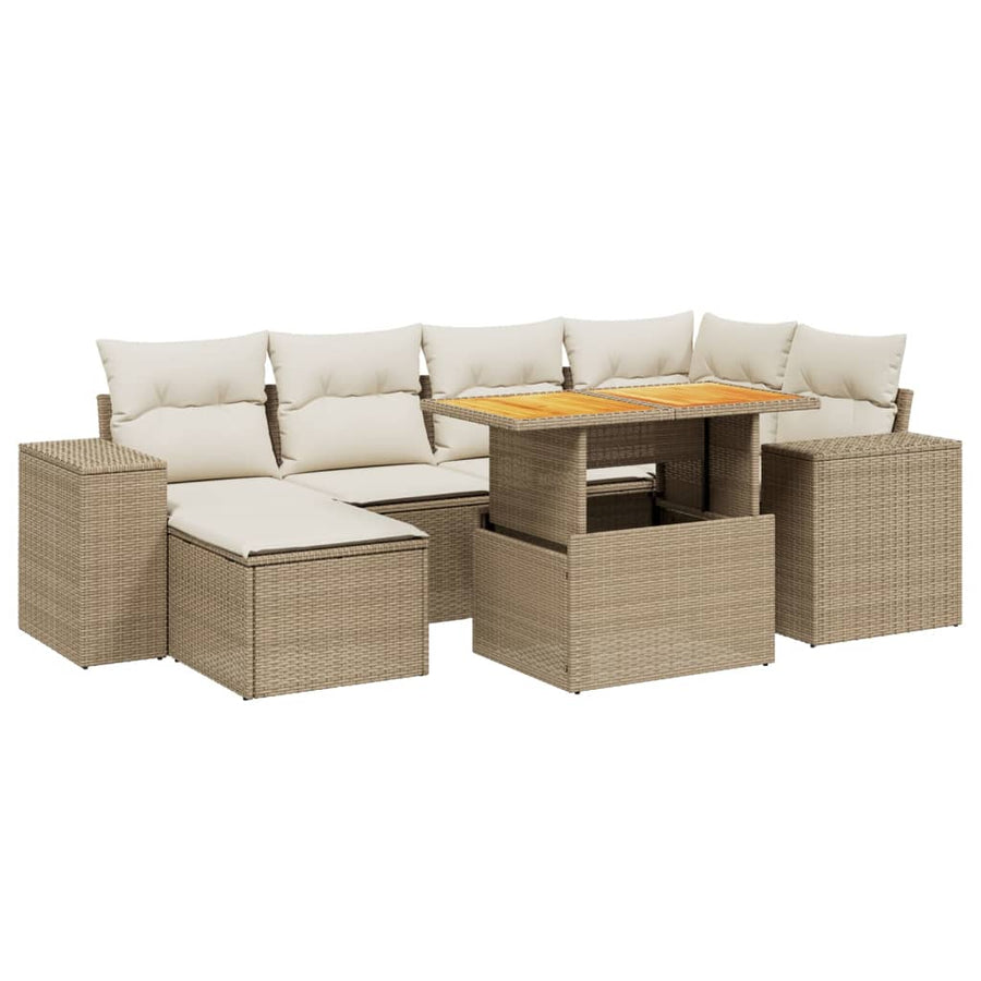 7-delige Loungeset met kussens poly rattan beige