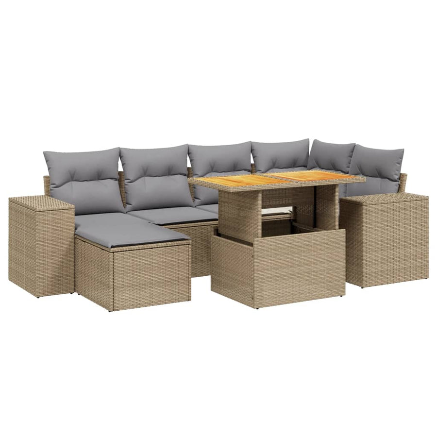 7-delige Loungeset met kussens poly rattan beige