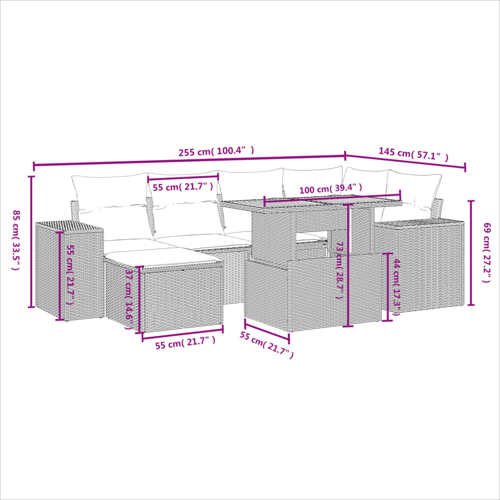 7-delige Loungeset met kussens poly rattan beige
