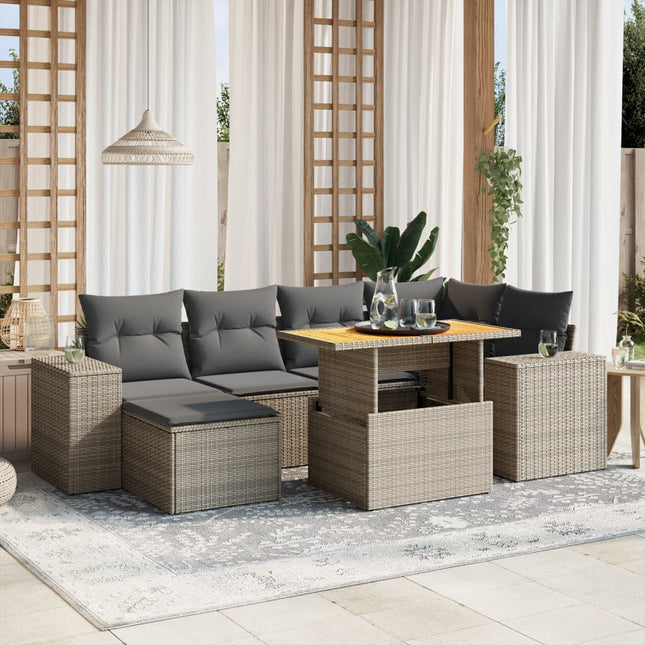 7-delige Loungeset met kussens poly rattan grijs