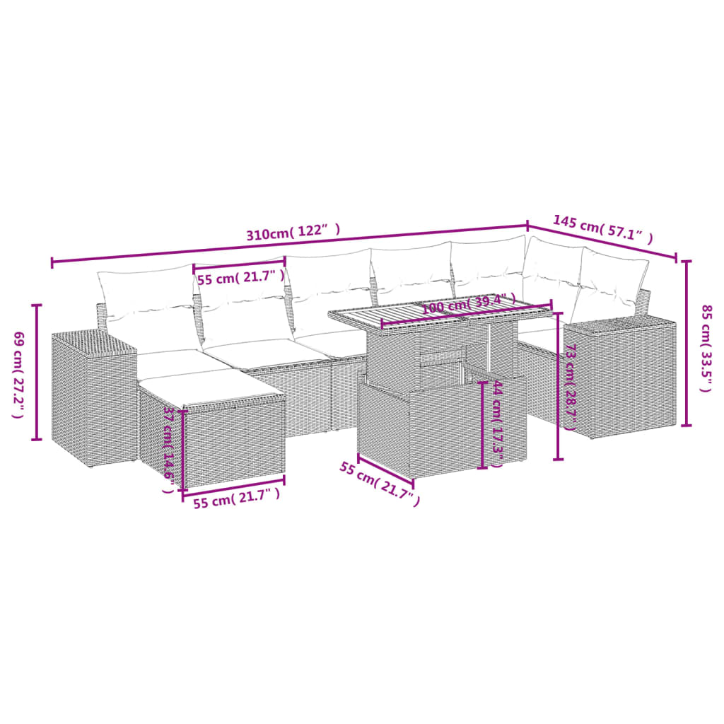 8-delige Loungeset met kussens poly rattan beige