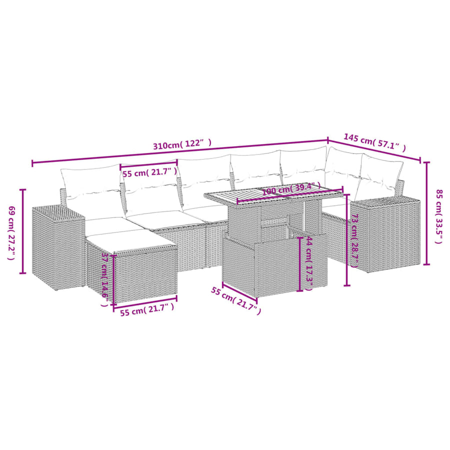 8-delige Loungeset met kussens poly rattan beige