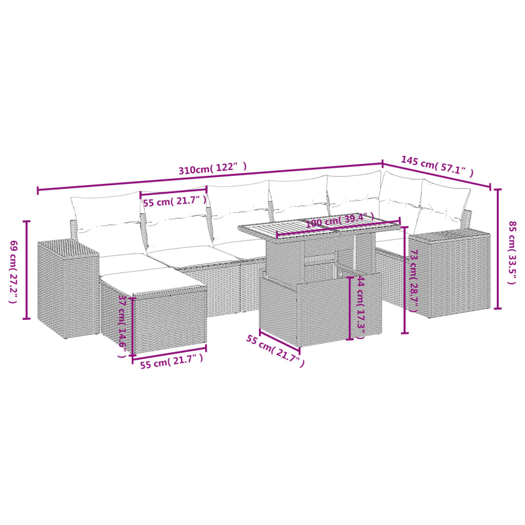 8-delige Loungeset met kussens poly rattan grijs
