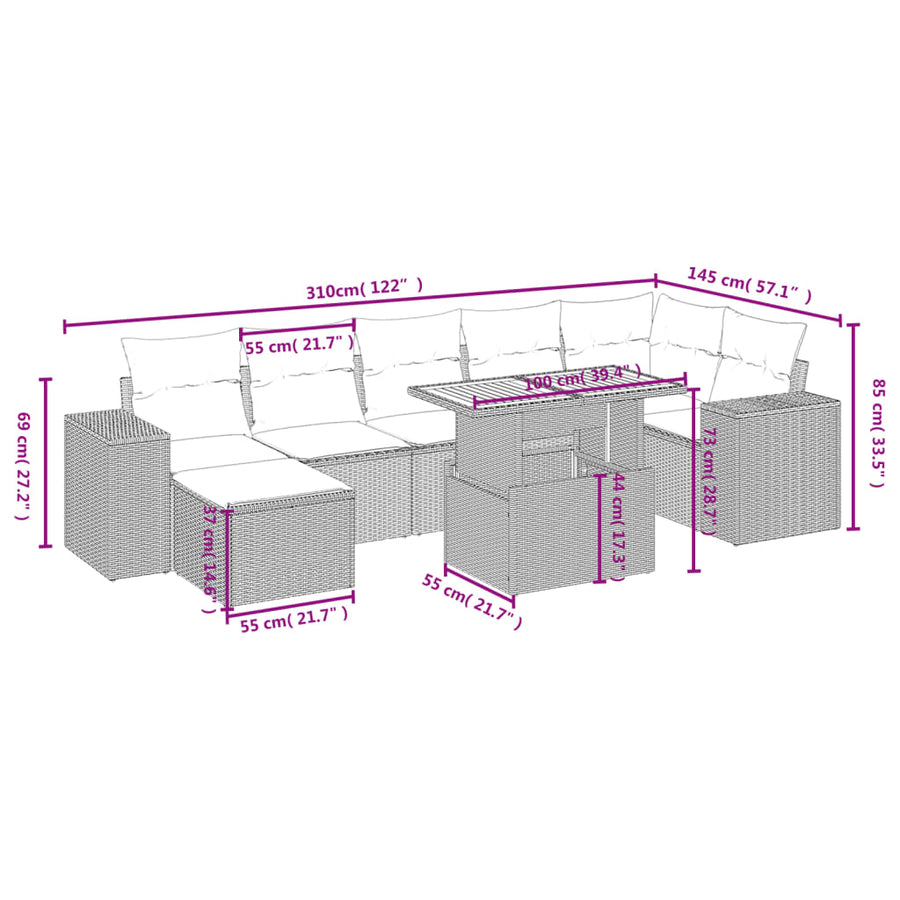 8-delige Loungeset met kussens poly rattan grijs