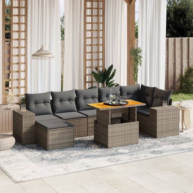 8-delige Loungeset met kussens poly rattan grijs