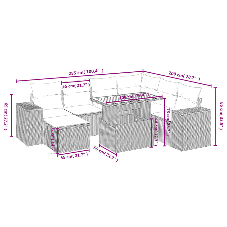 8-delige Loungeset met kussens poly rattan beige