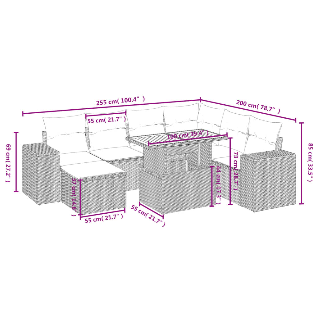 8-delige Loungeset met kussens poly rattan grijs