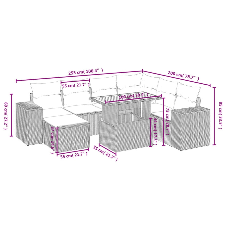 8-delige Loungeset met kussens poly rattan grijs
