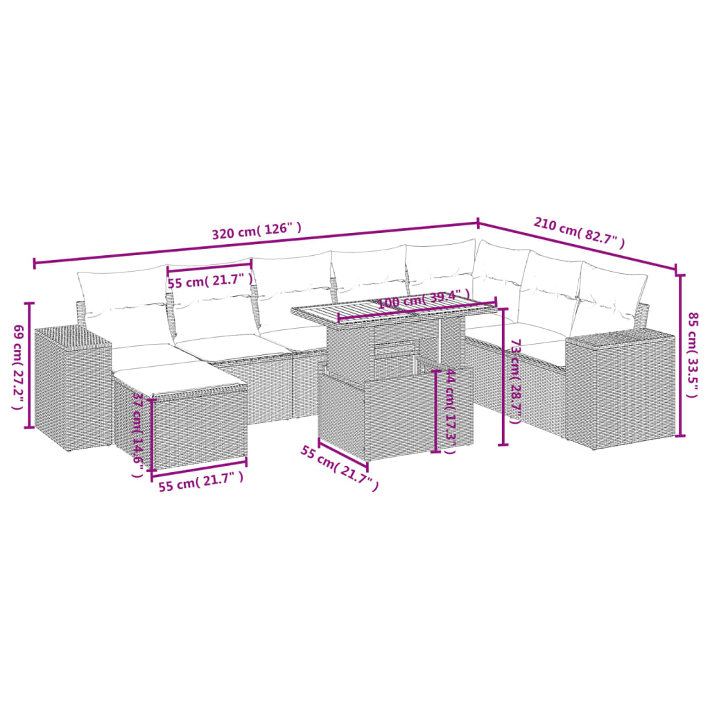 9-Delige Loungeset Met Kussens Poly Rattan Zwart