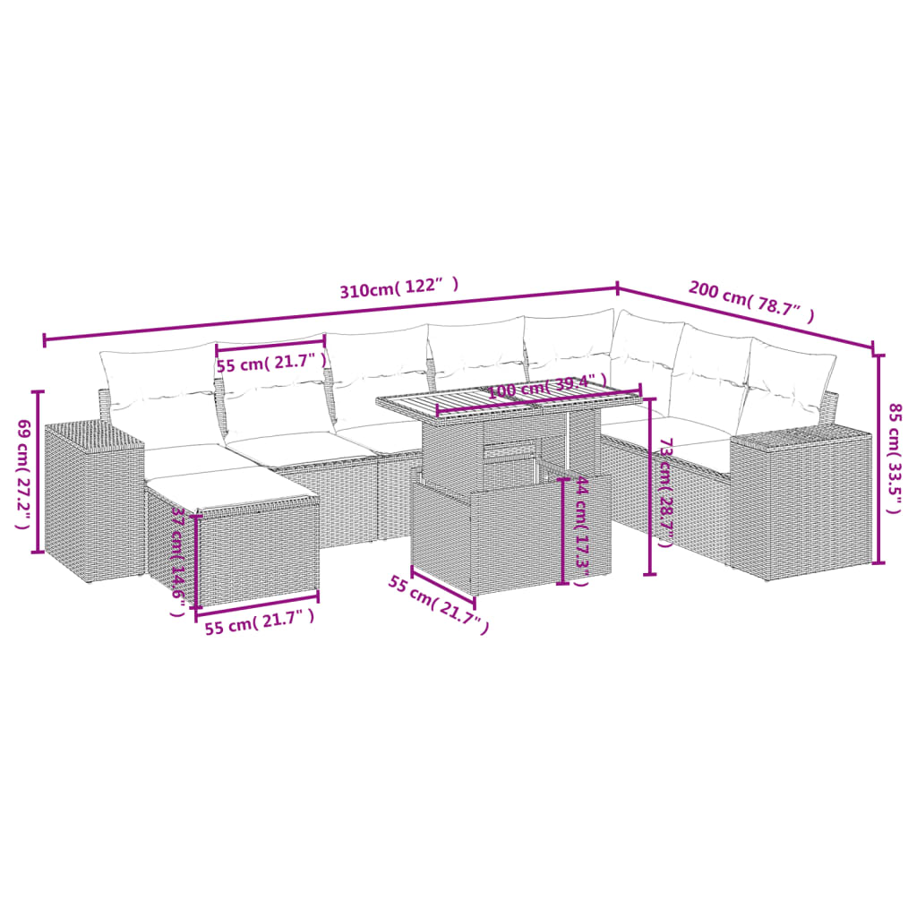 9-delige Loungeset met kussens poly rattan zwart