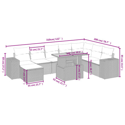9-delige Loungeset met kussens poly rattan zwart