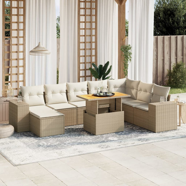 9-delige Loungeset met kussens poly rattan beige