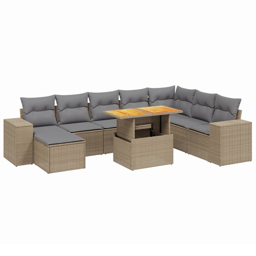 9-delige Loungeset met kussens poly rattan beige