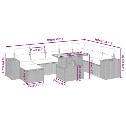 9-delige Loungeset met kussens poly rattan beige