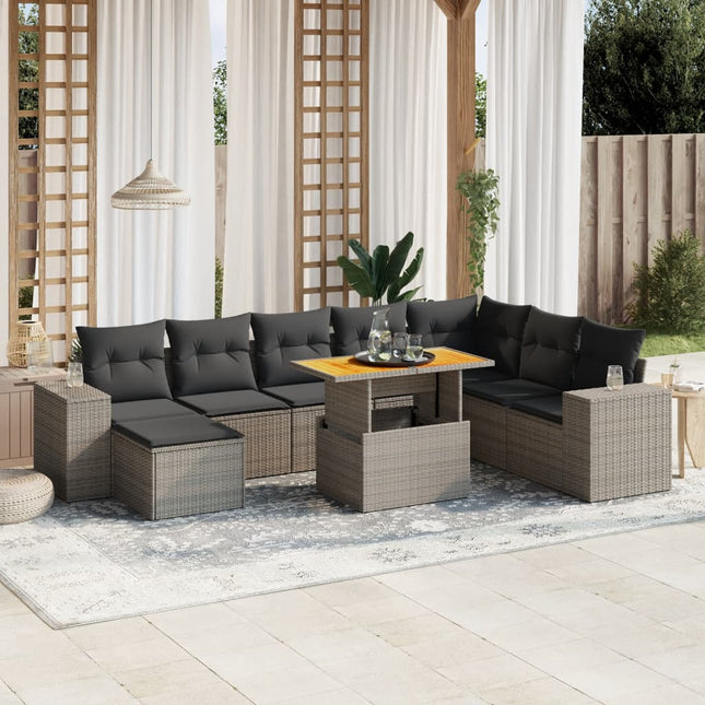 9-delige Loungeset met kussens poly rattan grijs