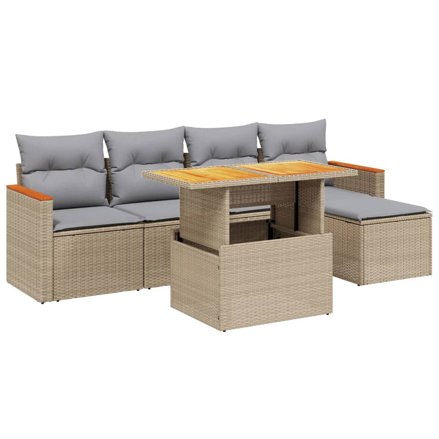 6-delige Loungeset met kussens poly rattan beige