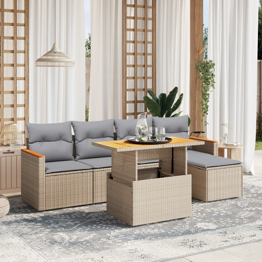 6-delige Loungeset met kussens poly rattan beige