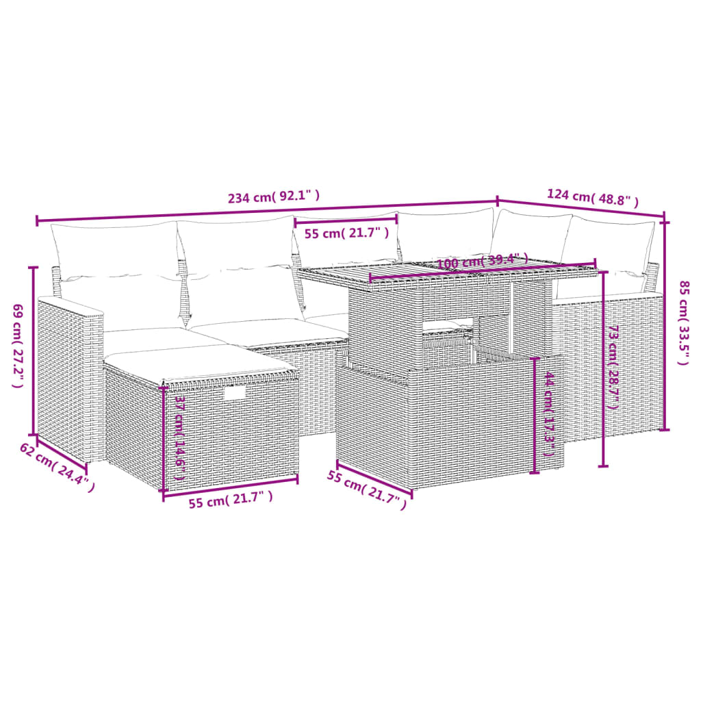 7-delige Loungeset met kussens poly rattan zwart
