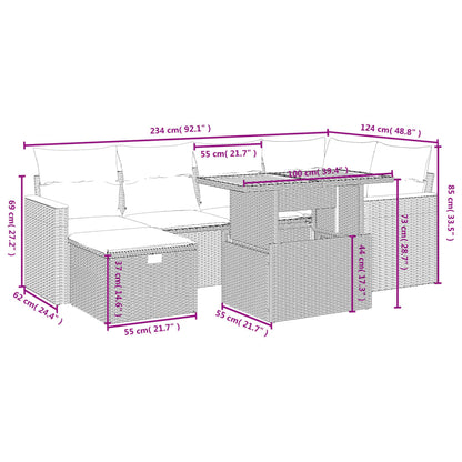 7-delige Loungeset met kussens poly rattan zwart