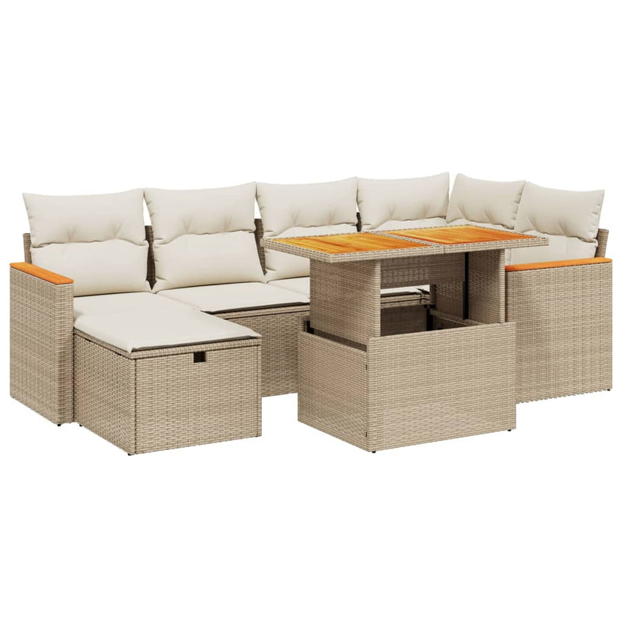 7-delige Loungeset met kussens poly rattan beige