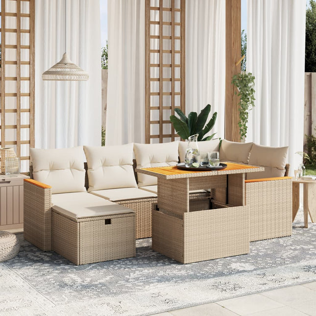 7-delige Loungeset met kussens poly rattan beige