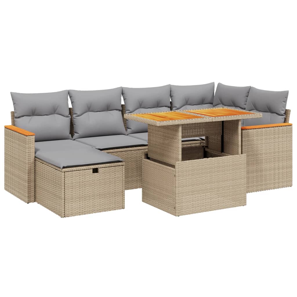 7-delige Loungeset met kussens poly rattan beige