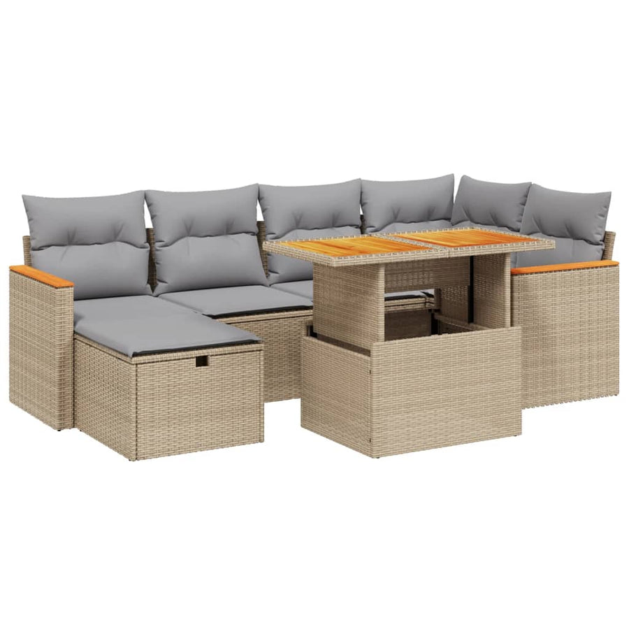 7-delige Loungeset met kussens poly rattan beige