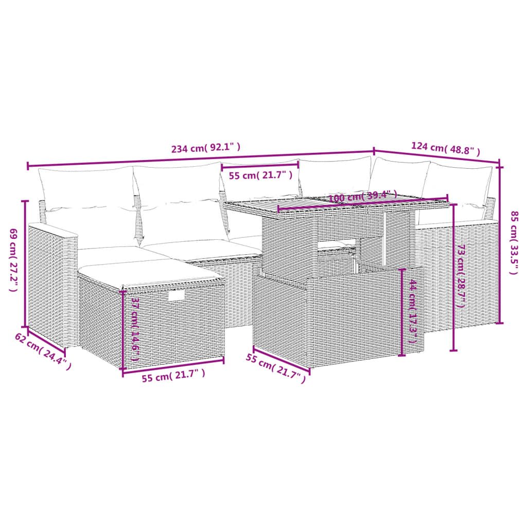7-delige Loungeset met kussens poly rattan beige