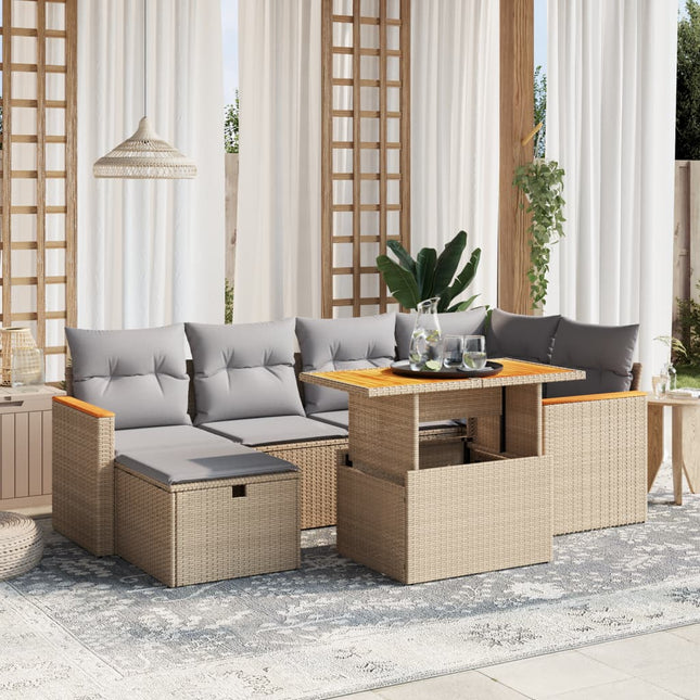 7-delige Loungeset met kussens poly rattan beige