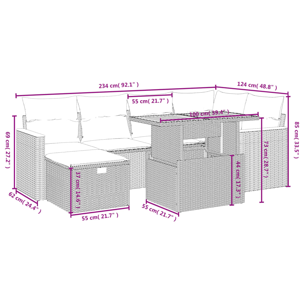 7-delige Loungeset met kussens poly rattan grijs