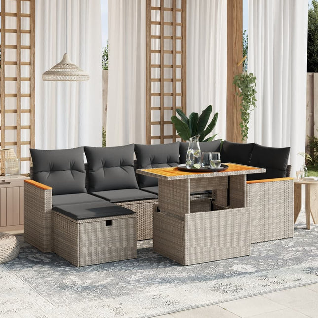 7-delige Loungeset met kussens poly rattan grijs