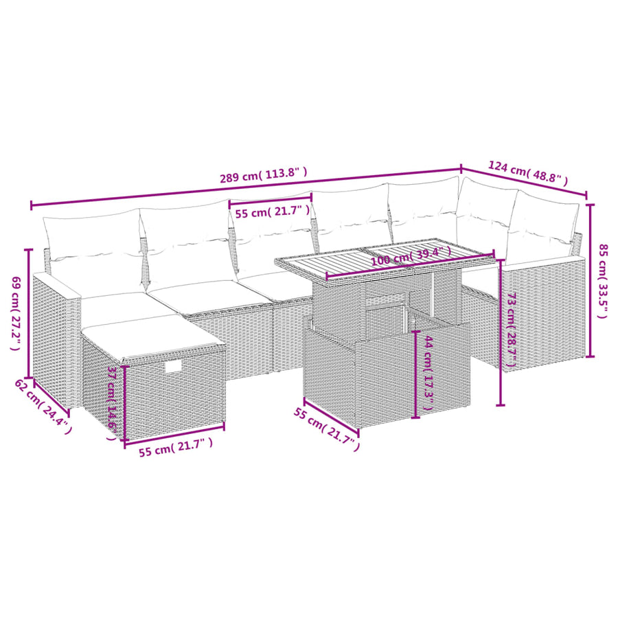 8-delige Loungeset met kussens poly rattan grijs