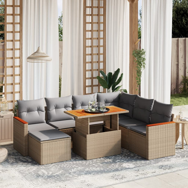 8-delige Loungeset met kussens poly rattan beige