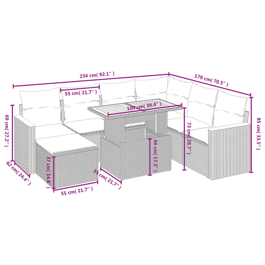 8-delige Loungeset met kussens poly rattan grijs