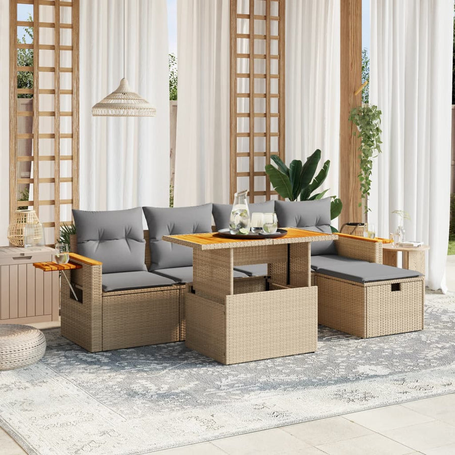6-delige Loungeset met kussens poly rattan beige