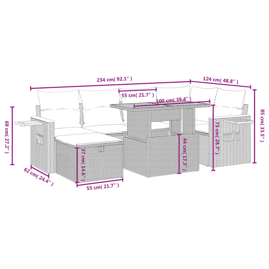 7-delige Loungeset met kussens poly rattan zwart