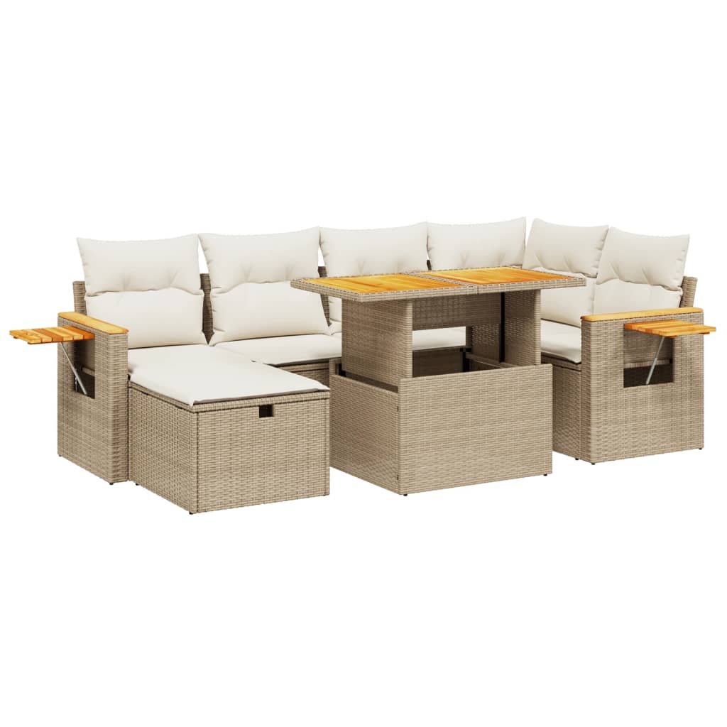 7-delige Loungeset met kussens poly rattan beige