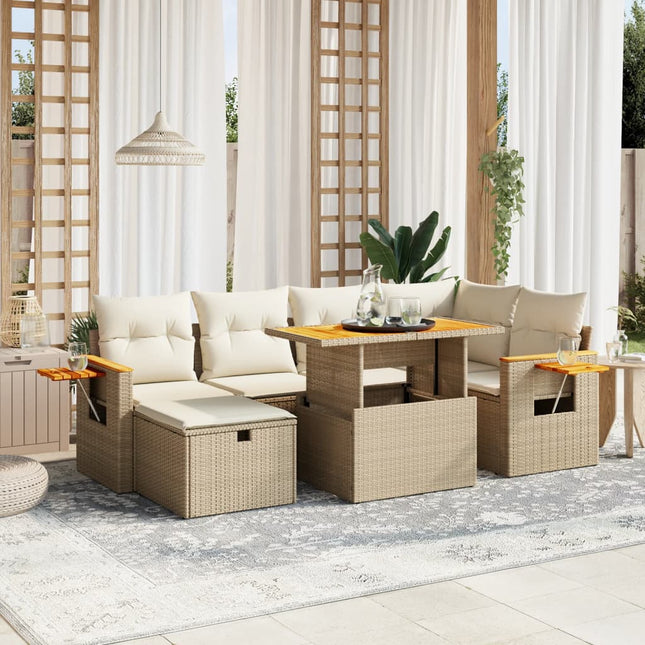 7-delige Loungeset met kussens poly rattan beige