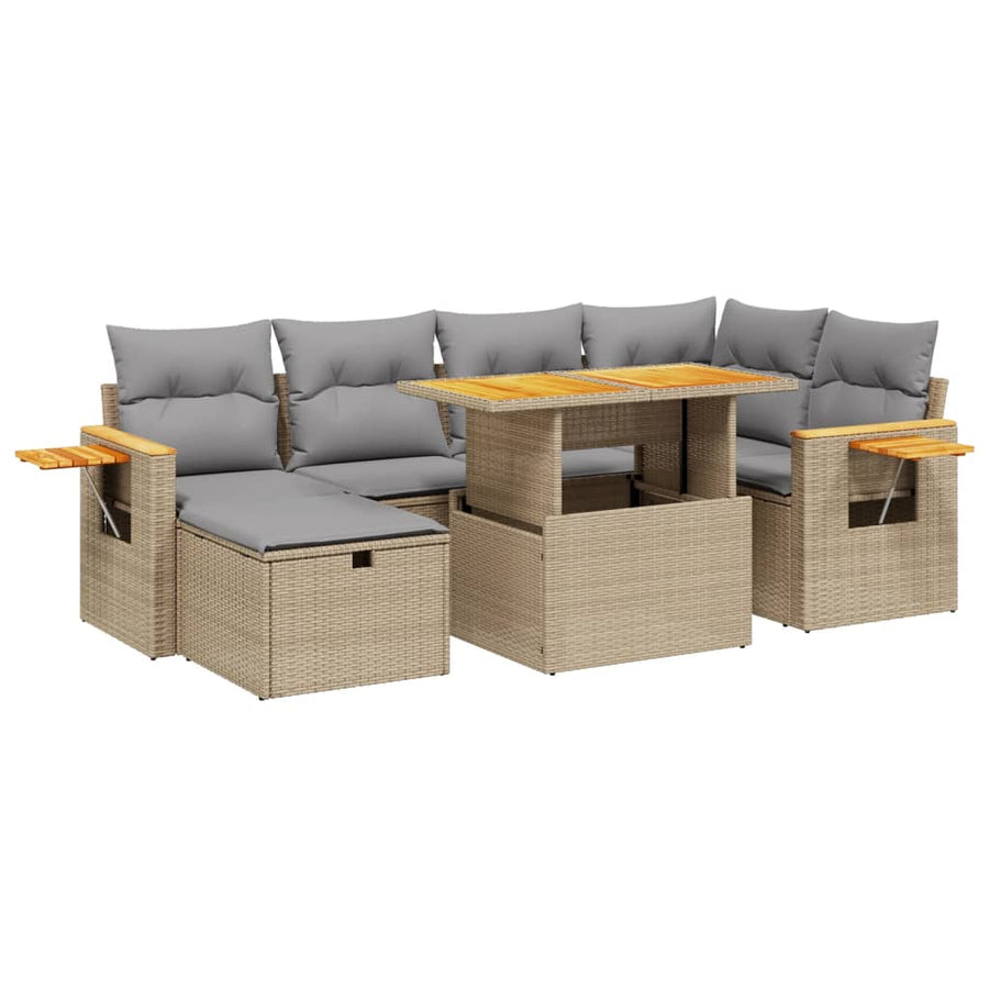 7-delige Loungeset met kussens poly rattan beige