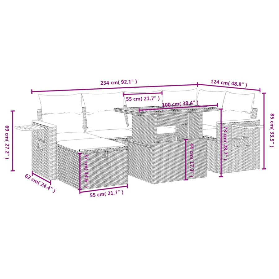7-delige Loungeset met kussens poly rattan beige