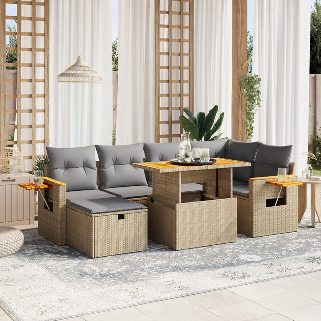 7-delige Loungeset met kussens poly rattan beige