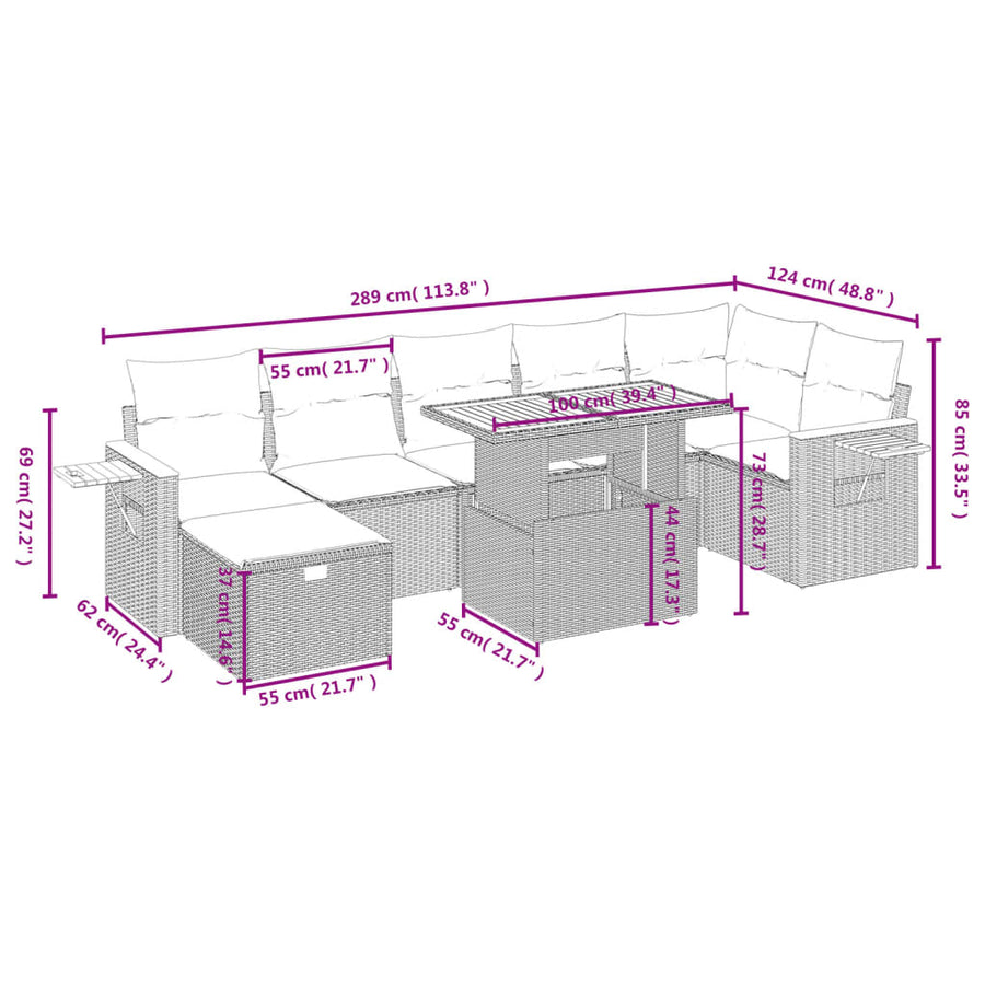 8-delige Loungeset met kussens poly rattan beige