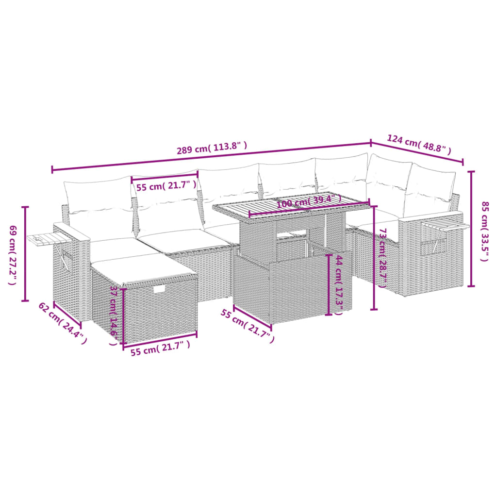 8-delige Loungeset met kussens poly rattan grijs