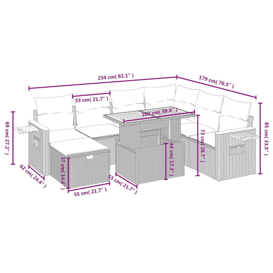 8-delige Loungeset met kussens poly rattan beige