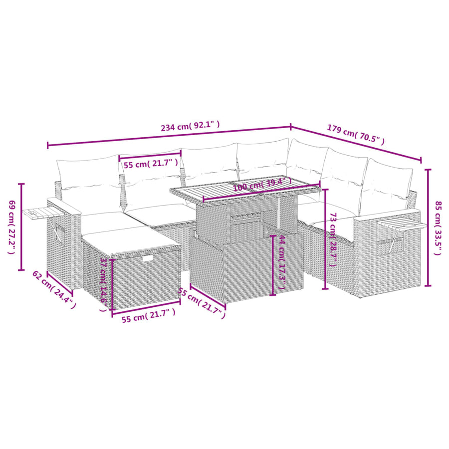 8-delige Loungeset met kussens poly rattan grijs