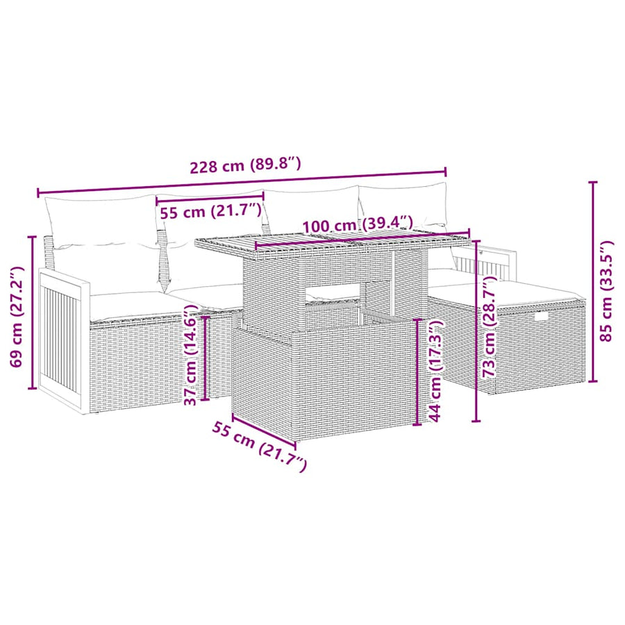 6-delige Loungeset met kussens poly rattan beige