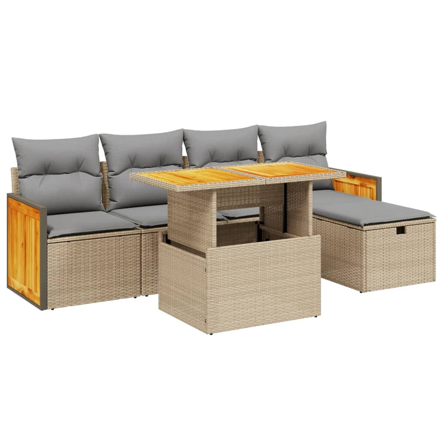 6-delige Loungeset met kussens poly rattan beige