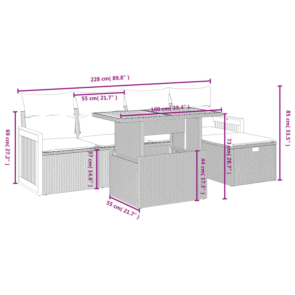 6-delige Loungeset met kussens poly rattan beige