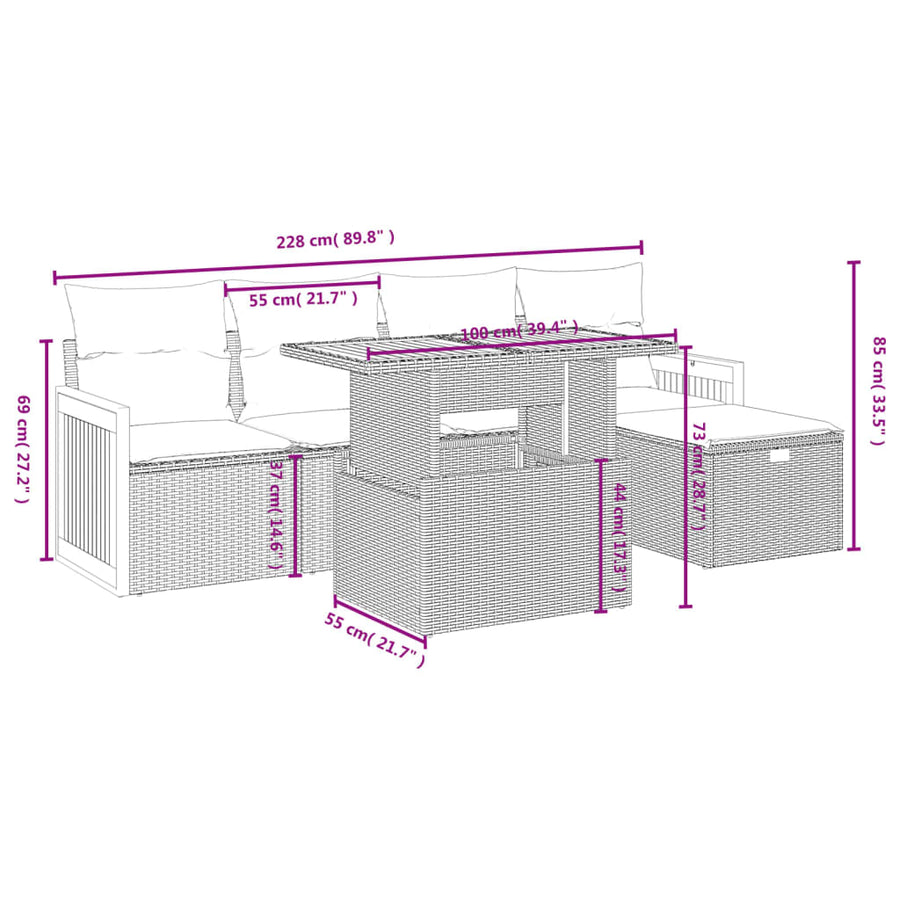 6-delige Loungeset met kussens poly rattan beige
